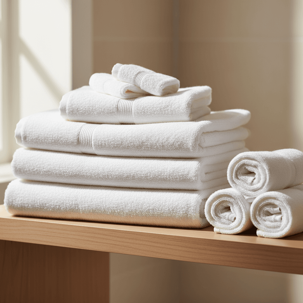 Freshly folded white towels arranged on a Sydney rental property shelf