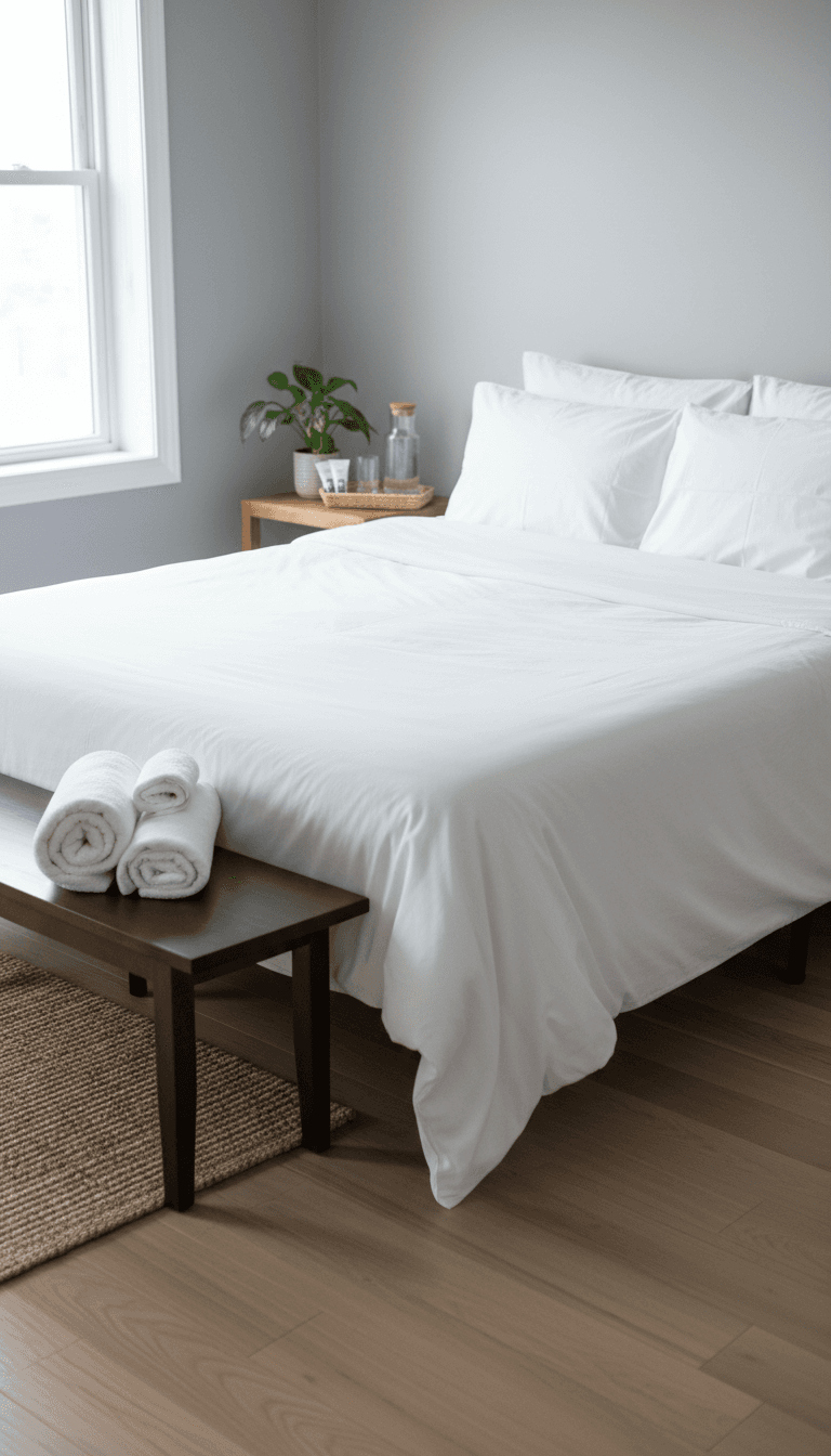 Makeup of freshly styled Airbnb bed with white linens and folded towels