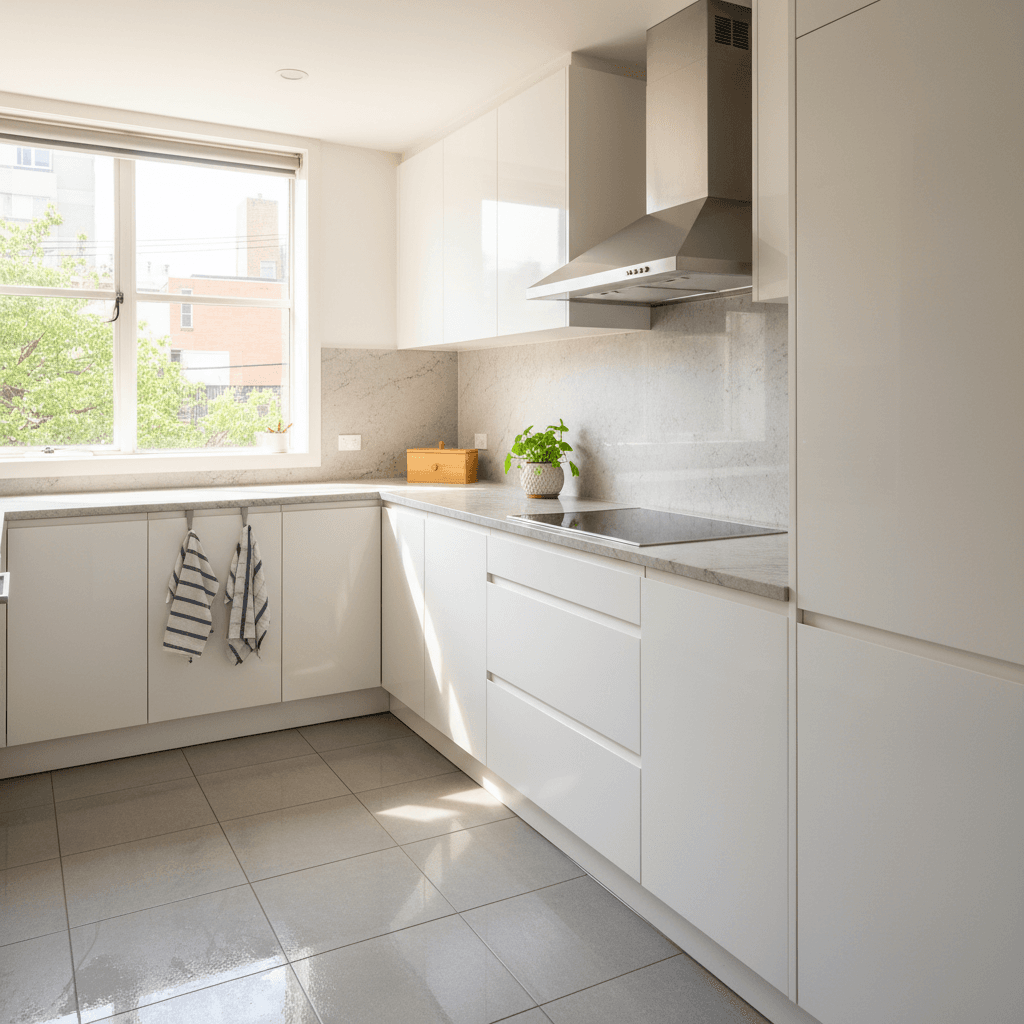 Bright restocked Sydney Airbnb kitchen ready for guest arrival