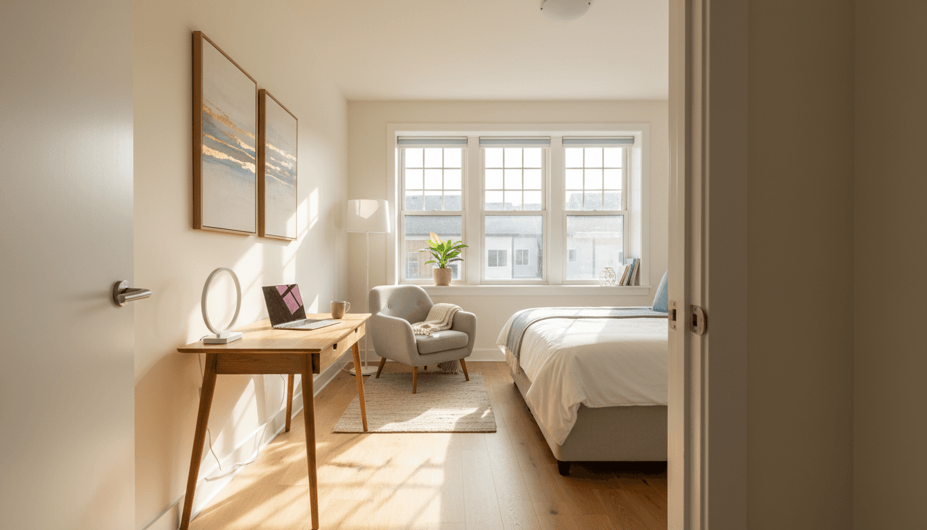 Bright ready-for-guests room with freshly made bed and spotless surfaces