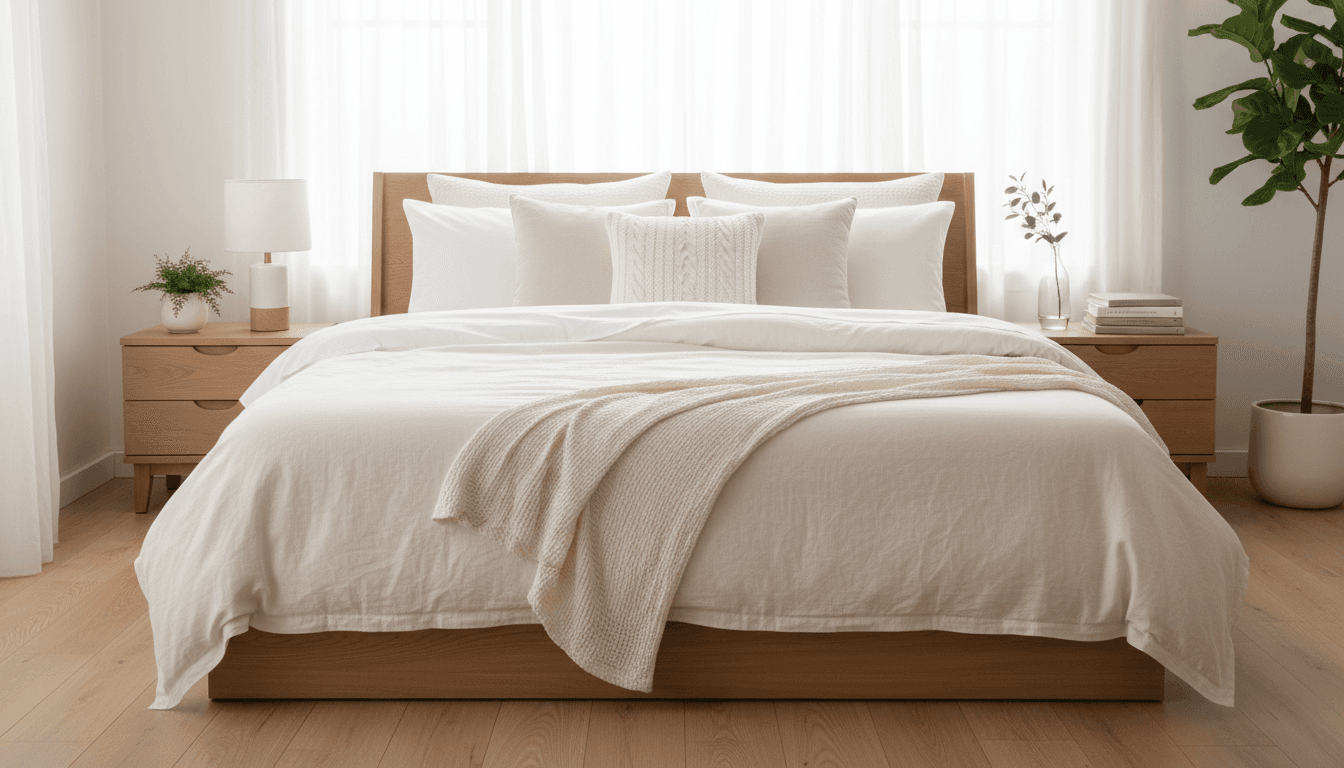 Serene bedroom with neatly made bed featuring white and cream quality linens, styled with pillows and throws in soft natural light