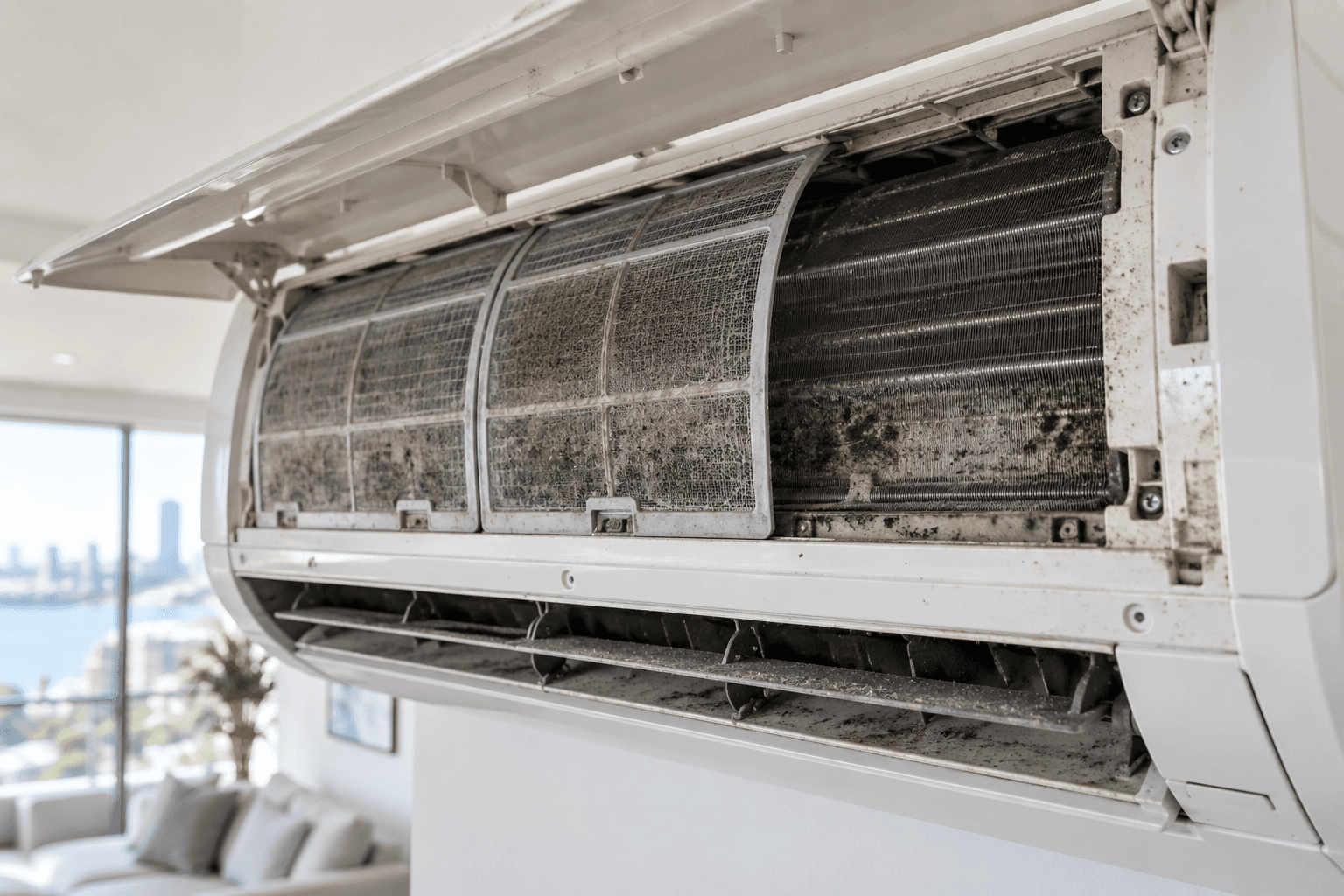 Open wall-mounted air conditioner unit revealing thick layers of grey dust on internal filters and coils.