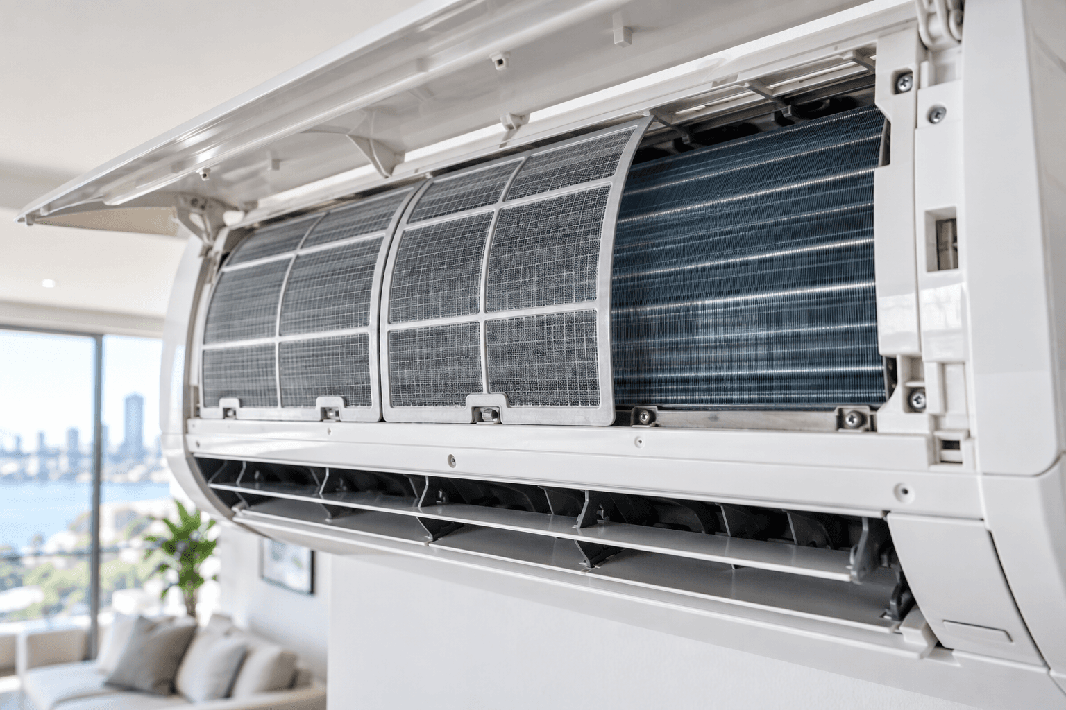 Open wall-mounted air conditioner unit displaying internal mesh filters and metal cooling fins.