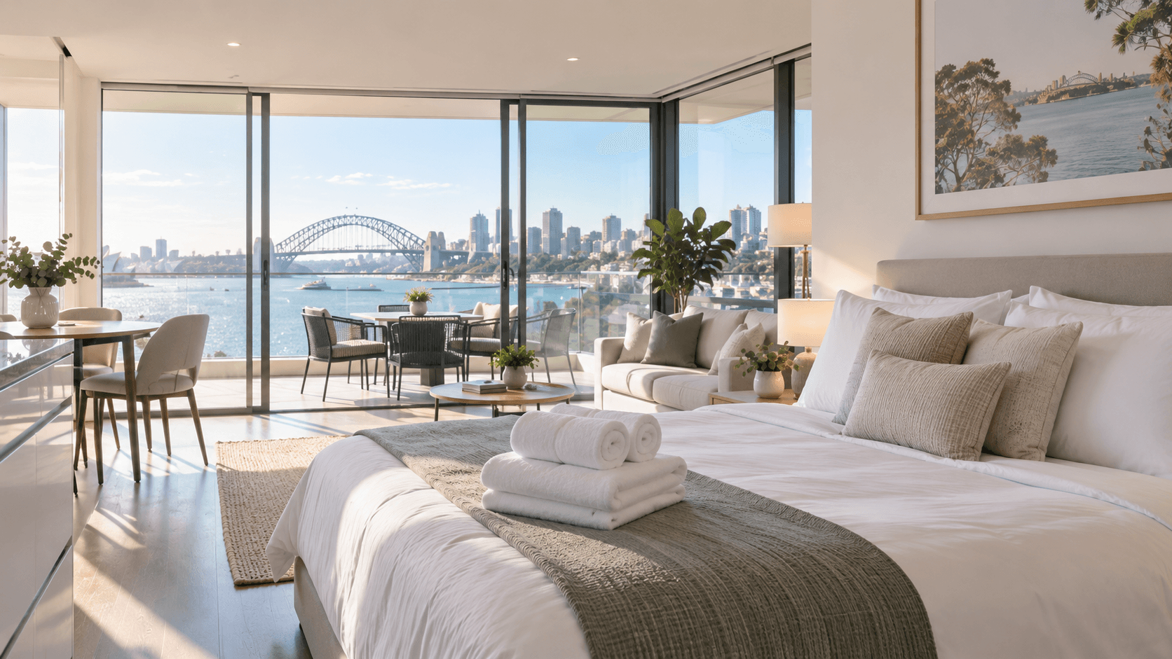 Modern bedroom with floor-to-ceiling windows overlooking the Sydney Harbour Bridge and city skyline.