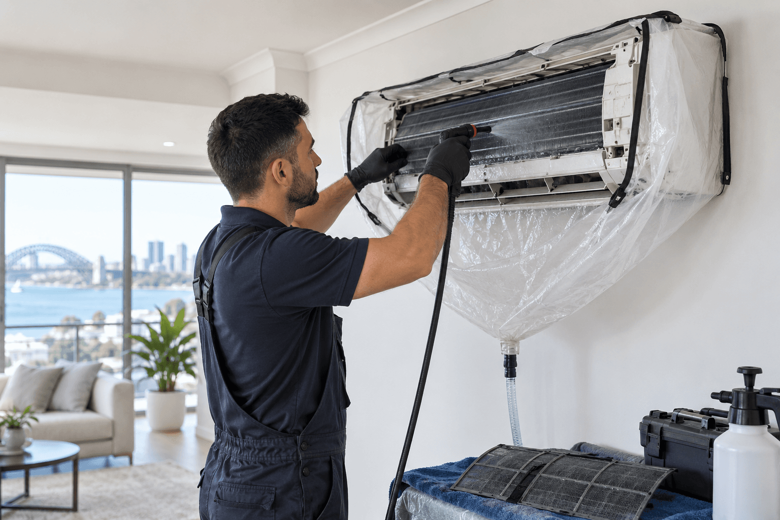 Technician cleaning a wall-mounted air conditioning unit with a pressure sprayer and plastic protective bag.