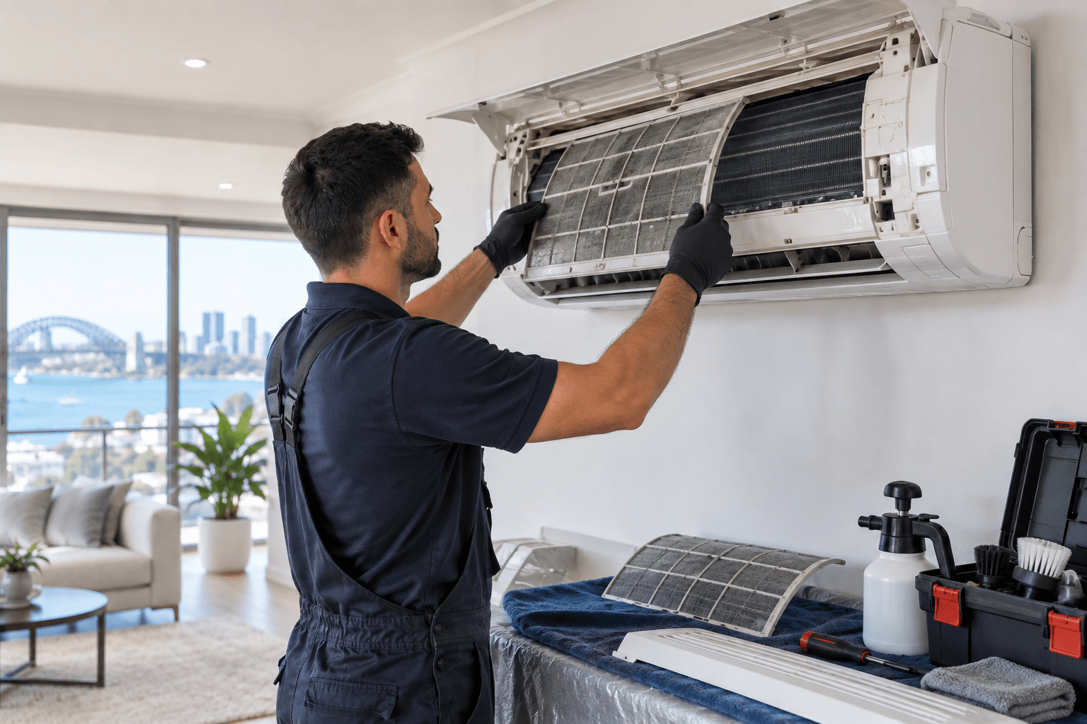 Technician in blue overalls removes a dirty filter from a wall-mounted air conditioning unit.