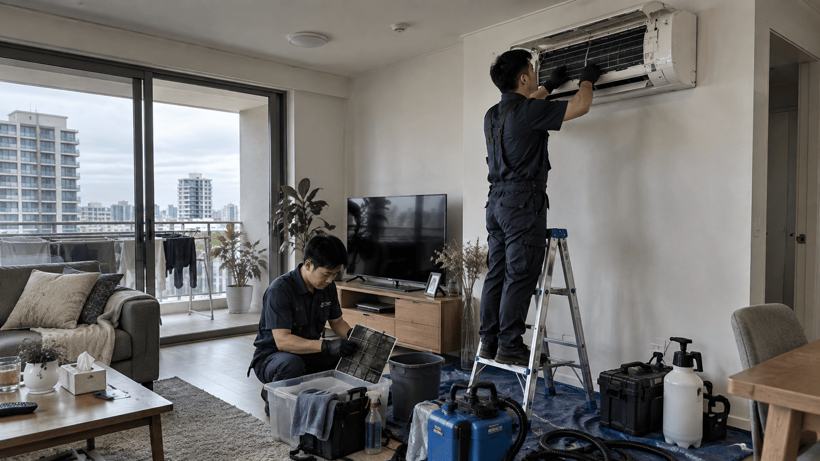 Two technicians in blue uniforms service a wall-mounted air conditioner in a modern apartment.